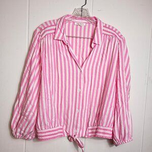 Pink Striped Button Down Elastic Waist Tie Beach Lunch Lounge Womens L Top 3/4